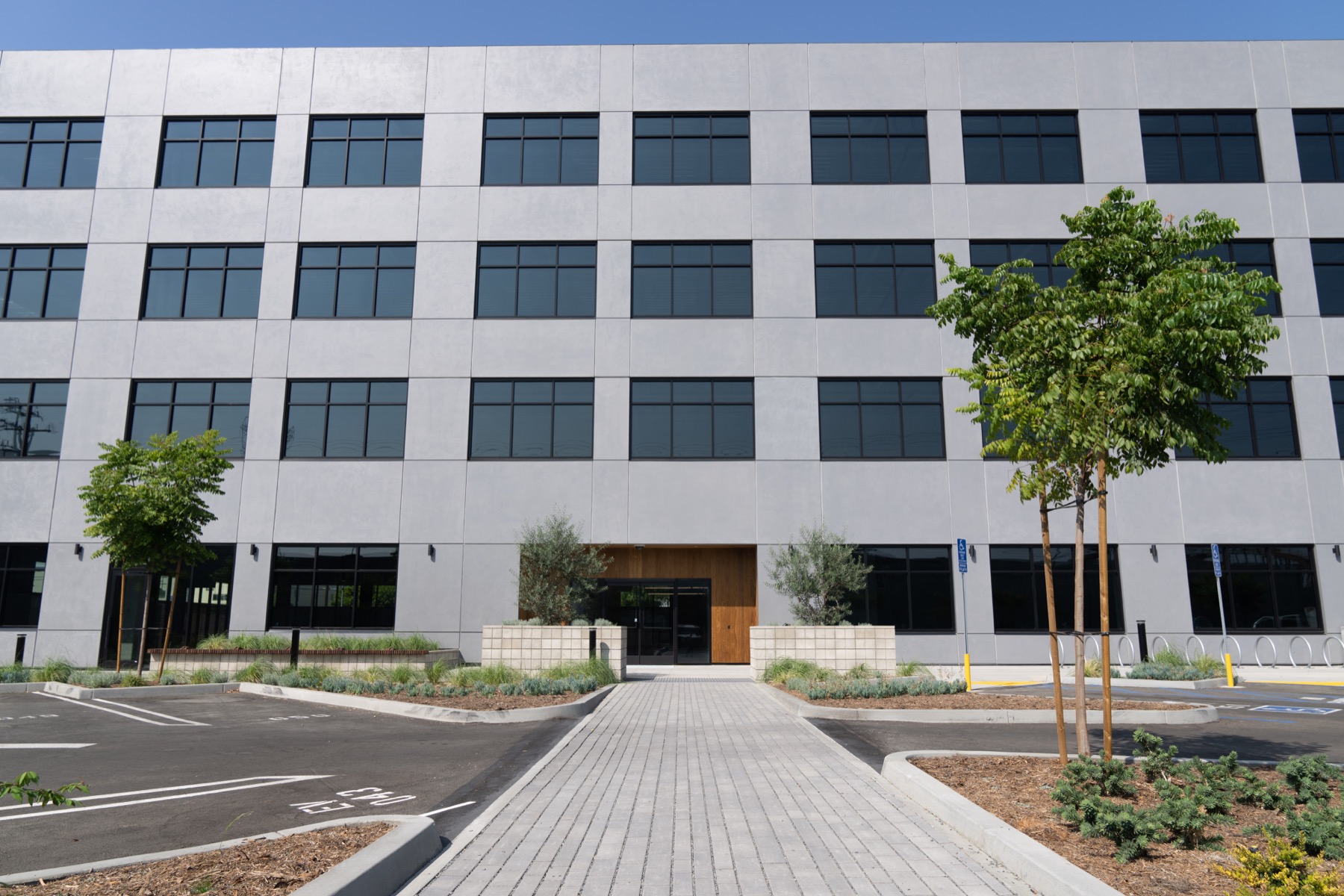 Finished building facade and landscaped pedestrian approach
