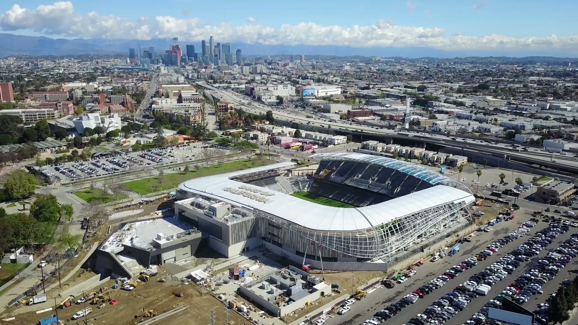 Aerial view of completed LAFC stadium in Los Angeles