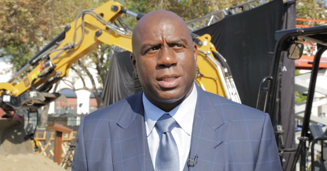Magic Johnson speaking at the LAFC construction site